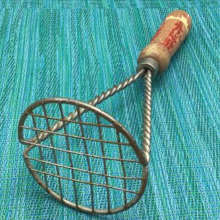 Vintage Potato Masher Twisted Wire Stem Chipped Red Wood Handle Wire Mesh Blade