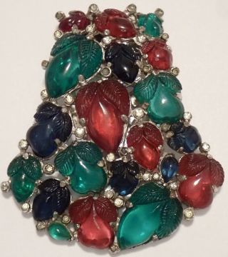 Vintage Art Deco Trifari Emerald Ruby Sapphire Fruit Salad Rhinestone Dress Clip