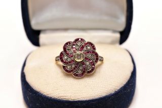 18k Gold Natural Diamond And Ruby Decorated Art Deco Pretty Ring