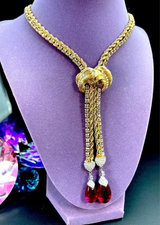 MARCEL BOUCHER GOLD - TONE LARIAT RHINESTONE NECKLACE RUBY RED GLASS DROPS PENDANT 2
