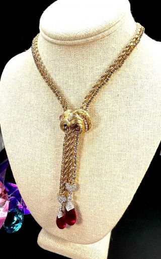 MARCEL BOUCHER GOLD - TONE LARIAT RHINESTONE NECKLACE RUBY RED GLASS DROPS PENDANT 3