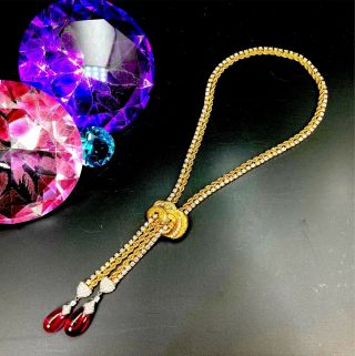 MARCEL BOUCHER GOLD - TONE LARIAT RHINESTONE NECKLACE RUBY RED GLASS DROPS PENDANT 4