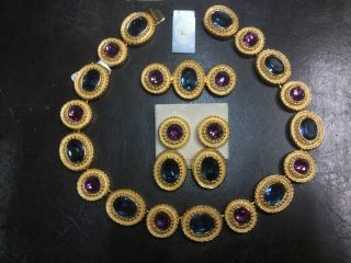 Signed Christian Dior Set Necklace Earrings Brooch Blue,  Purple Gemstones Saks