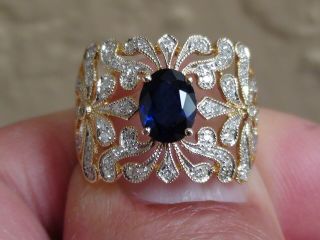 Effy 14 Kt Yellow Gold Filigree And Diamond And Blue Sapphire Ring,  Size 7.  0