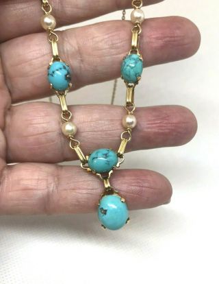 Feminine Estate 14k Gold Necklace With Turquoise And Pearls