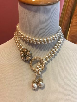 Sign 2/strand Miriam Haskell Baroque Pearl Rhinestones Flower Necklace Jewelry