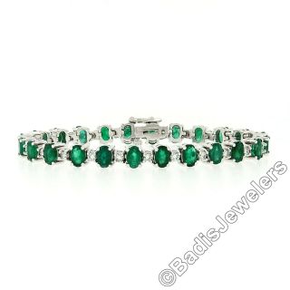 Vintage 14k White Gold 12.  5ctw Oval Emerald & Diamond Line Statement Bracelet