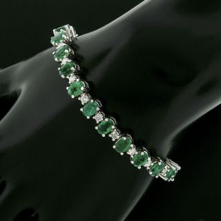 Vintage 14K White Gold 12.  5ctw Oval Emerald & Diamond Line Statement Bracelet 2