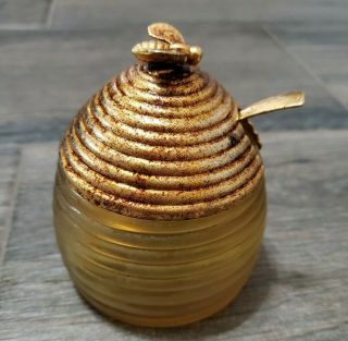 Vintage 3 " Glass & Brass Bee Hive Honey Pot Jar With Lid & Spoon