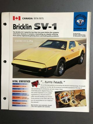 1974 - 1975 Bricklin Sv - 1 Coupe Imp " Hot Cars " Spec Sheet,  Folder,  Brochure L@@k