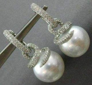 Estate Large 1.  6ct Diamond & Aaa South Sea Pearl 18k White Gold Hanging Earrings