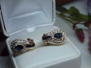 14k.  1.  00ct Blue Sapphire Oval Square & Diamond Omega Earrings Yellow Gold Deco