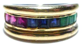 Designer " Mj " Heavy 14k Yellow Gold Emerald Ruby Sapphire Stackable Ring Band