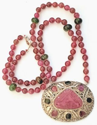19 " Antq Chinese Filigree Natural Pink/green Tourmaline Carving Silver Necklace