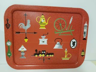 Vintage Retro Metal Tv Bed Lap Serving Tray Rooster Teapot Train Lamp