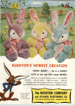 1958 Paper Ad Rushton Stuffed Plush Toy Sonny Bunny Easter Toys