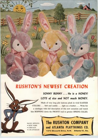 1958 Paper Ad Rushton Plush Toy Stuffed Sonny Bunny Honey Color