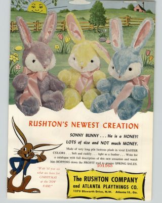 1958 Paper Ad Rushton Easter Bunny Rabbit Soft Plush Stuffed Animals Easter