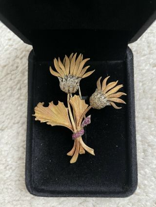 Buccellati 18k Gold Rose Cut Diamond & Ruby Flower Brooch 28.  5g Heavy Gold - Italy