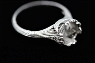 Vintage Art Deco Authentic Platinum Filigree Engagement Mount For 7.  1mm Diamond