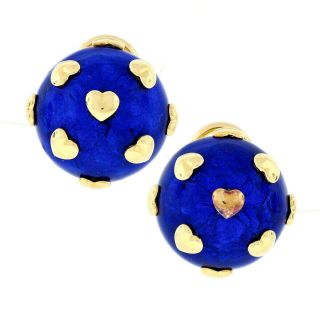 Vintage Tiffany & Co.  Schlumberger 18k Gold Blue Enamel & Heart Dome Earrings