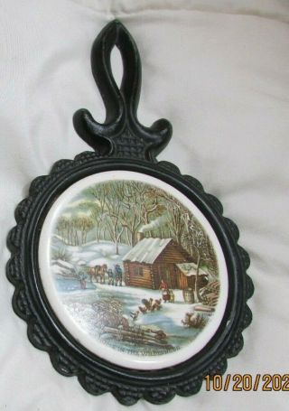 Vintage Cast Iron Trivet Ceramic Inset Currier & Ives Home In The Wilderness