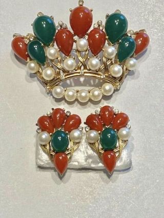 Vintage Trifari Kashmir Jewels Of India Moghul Large Crown Brooch Earring Set