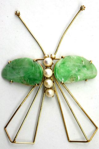 Chinese 14k Solid Gold,  Hand Carved Jade,  Pearl And Diamond Butterfly Brooch/pin