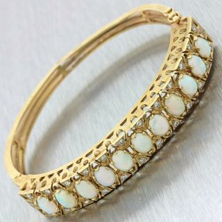 Vintage Estate 14k Solid Yellow Gold Diamond Opal Filigree Bangle Bracelet