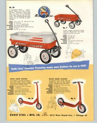 1954 Paper Ad 2 Sided Radio Line Flyer Coaster Wagon Rancher Scooters