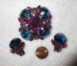 Vintage Schreiner Signed Crystal Brooch / Pendant Earrings Set Purple Blue Pink