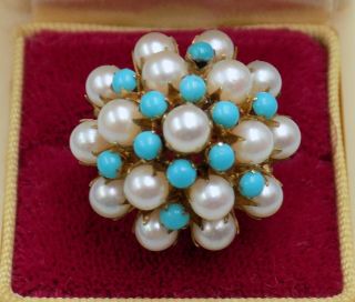 Gorgeous Vintage 14k Gold Pearl & Turquoise Dome Ring
