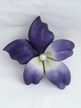 Lg.  Art Nouveau Solid 14k Gold & Pearl Enamel Violet Flower Pin A.  J.  Hedges