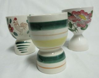 3 Vintage Egg Cups Figural Ceramic Made In Japan Rooster - Floral - Stripes