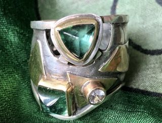 Vintage Estate Artisan Ring Green Tourmalines & Diamond Sterling 18k Gold Ooak