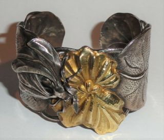Vintage Modernist Margaret Barnaby Laws Sterling Silver & 18k Gold Cuff Bracelet