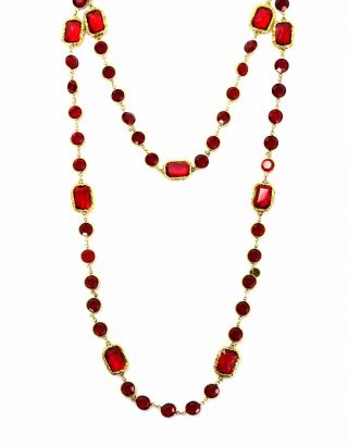 Authentic Chanel Vintage 1981 Red Crystal 60 " Chicklet Sautoir Necklace
