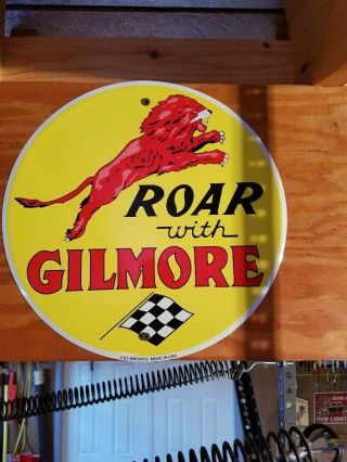" Roar With Gilmore " Gasoline Oil Gas Metal Advertising Sign 12 "