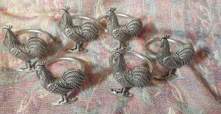 Rooster Farm House Pewter Metal Color Napkin Rings Set Of 6