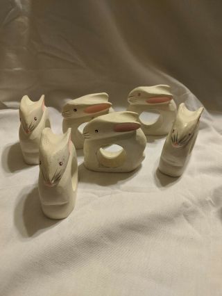 Set Of Six Carved Wood Bunny Napkin Ring Holders Easter Bunny Farmhouse Chic
