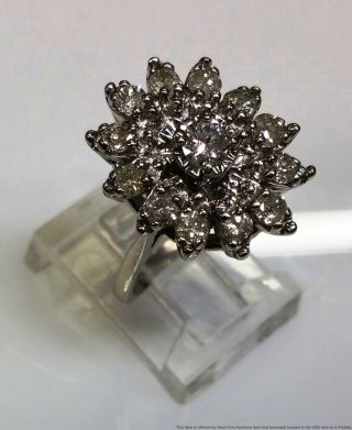 Approx 1ctw Diamond Vintage 1950s 14k White Gold Cluster Cocktail Ring