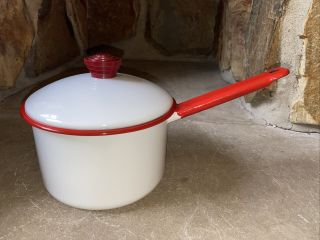 Vintage Enamel Red And White Sauce Pan With Bakelite Knob 1940s Farmhouse