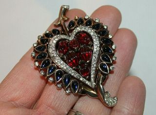Vintage Alfred Philippe Crown Trifari Rhinestone Glass Heart Fur Clip Brooch Gl