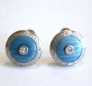 Edwardian Blue Guilloche Enamel & Diamond Earrings 14k Yellow Gold Screw Back 6