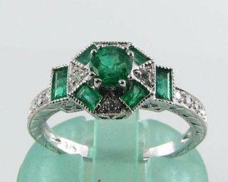 Class 9k 9ct White Gold Colombian Emerald & Diamond Art Deco Ins Ring Size