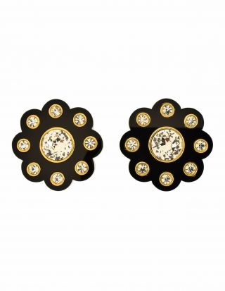 Chanel Vintage Massive Polished Thick Black Resin Rhinestone Gold Flower Earring