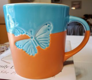 Starbucks 2006 Coffee Tea Ceramic Mug 2 Tone Brown Orange Tone & Blue Butterfly