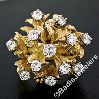 Large Vintage 18k Gold 2.  25ct Diamond Leaf Textured Flower Cluster Cocktail Ring