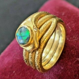 Stunning: Opal & Diamond 18k Gold Coiled Snake Ring Circa 1960 Hong Kong Sz 6