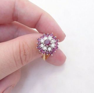 18ct Gold Ruby Diamond Ring,  Cluster Large Vintage Cs